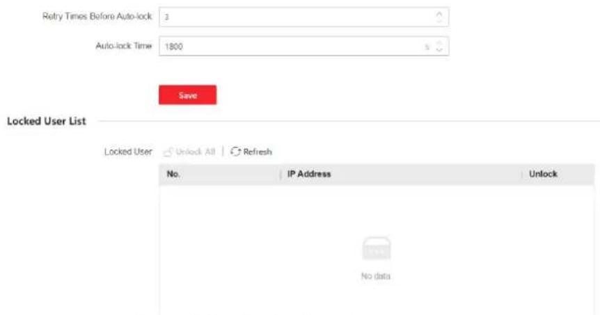Retry Times Before Auto-lock 3 Auto-lock Time 1800 Save Locked User List Locked User Unlock All Refresh No. IP Address Unlock No data.