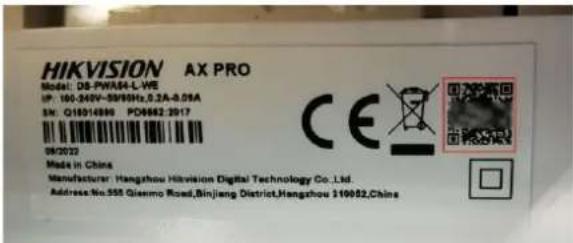 HIKVISION AX PRO Model: DS-PWA04-L-WE IP: 100-340V-5976Hz,0.2A-0.01A SN: Q18014890 PD6682:2017 08/2022 Made in China Manufacturer: Hangzhou Hiikvision Digital Technology Co.,Ltd. Address: No.555 Gienmo Road,Binjiang District,Hangzhou 319952,China