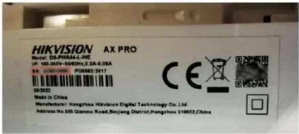 HIKVISION AX PRO Model: DS-PWAM-L-WE IP: 100-240V-5080Hz,0.2A-0.08A S/N PD6882:2017 09/30/22 Mode in China Manufacturers: Hangzhou HiKVISION Digital Technology Co.,Ltd. Address No.555 Qianmo Road,Binjiang District,Hangzhou 310652,China