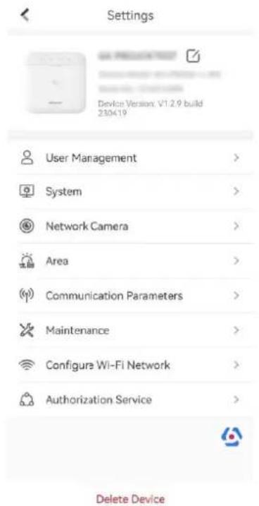 Settings Device Version: V1.2.9 build 230419 User Management > System > Network Camera > Area > Communication Parameters > Maintenance > Configure Wi-Fi Network > Authorization Service > Delete Device