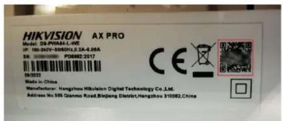 HIKVISION AX PRO Model: DS-PIVAA4-L-WE UP: 180-242Y-5080H1.0.3A-0.09A SN: PD8662-2017 08/2023 Made in China Manufacturer: Hangzhou HiKvision Digital Technology Co.,Ltd. Address No:555 Qianma Road,Binjiang District,Hangzhou 310062.China