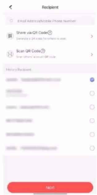 Recipient Email Address/Mobile Phone Number Share via QR Code(?) Generate a QR code for children to scan Scan QR Code(?) Scan children's account QR code History Recipient Next