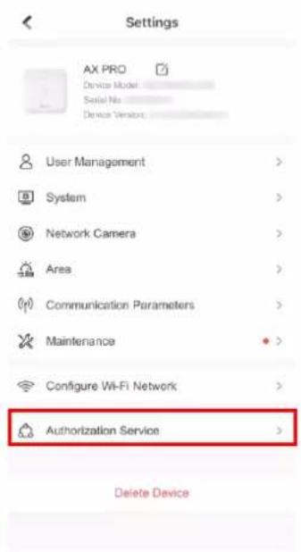 Settings AX PRO Device Model Serial No... Device Version User Management > System > Network Camera > Area > Communication Parameters > Maintenance > Configure Wi-Fi Network > Authorization Service > Delete Device