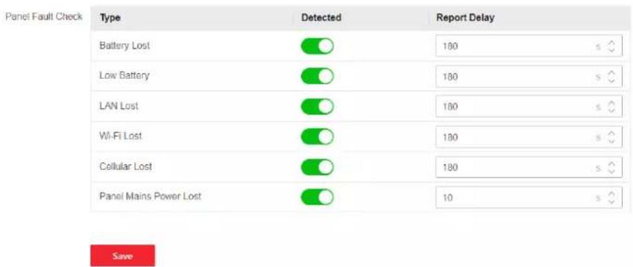 Panel Fault Check Type Detected Report Delay Battery Lost 180 Low Battery 180 LAN Lost 180 Wi-Fi Lost 180 Cellular Lost 180 Panel Mains Power Lost 10 Save