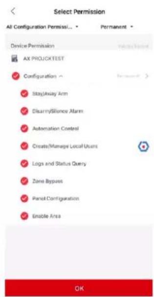 Select Permission All Configuration Permiss/... Permanent Device Permission AX PROJECTTEST Configuration Stay/Away Arm Disarray/Silence Alarm Automation Control Create/Manage Local Users Logs and Status Query Zone Bypass Panel Configuration Enable Area OK