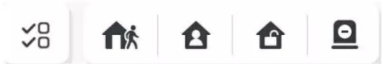 Icon set with checkmark and four symbols: checkmark, person walking, house, home with lock, and monitor with minus sign