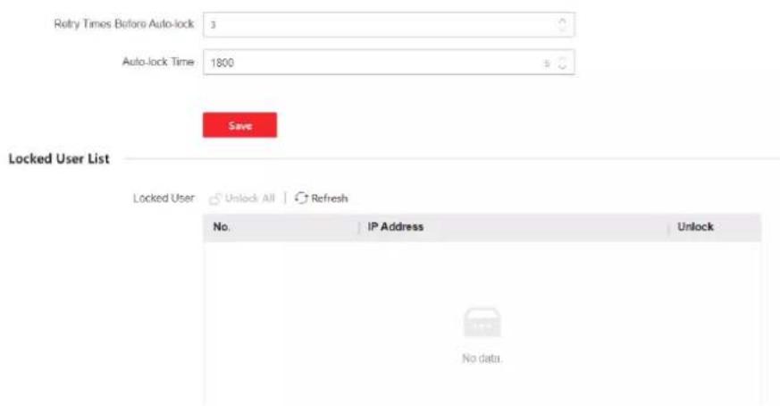 Retry Times Before Auto-lock: 3 Auto-lock Time: 1800 Save Locked User List Locked User: Unlock All Refresh No. IP Address Unlock No data.