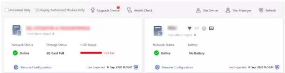 Abnormal Only Display Authorized Devices Only Upgrade Device Health Check Site Owner Site Manager Refresh Total Alarm Input: 2 Network Status Storage Status HDD Usage Online SD Card Full HDD Full Remote Configuration Last Inspected: 8. Sep. 2020 16:51:07 Total Alarm Input: 0 Network Status Battery Online No Battery Remote Configuration Last Inspected: 8. Sep. 2020 16:51:07