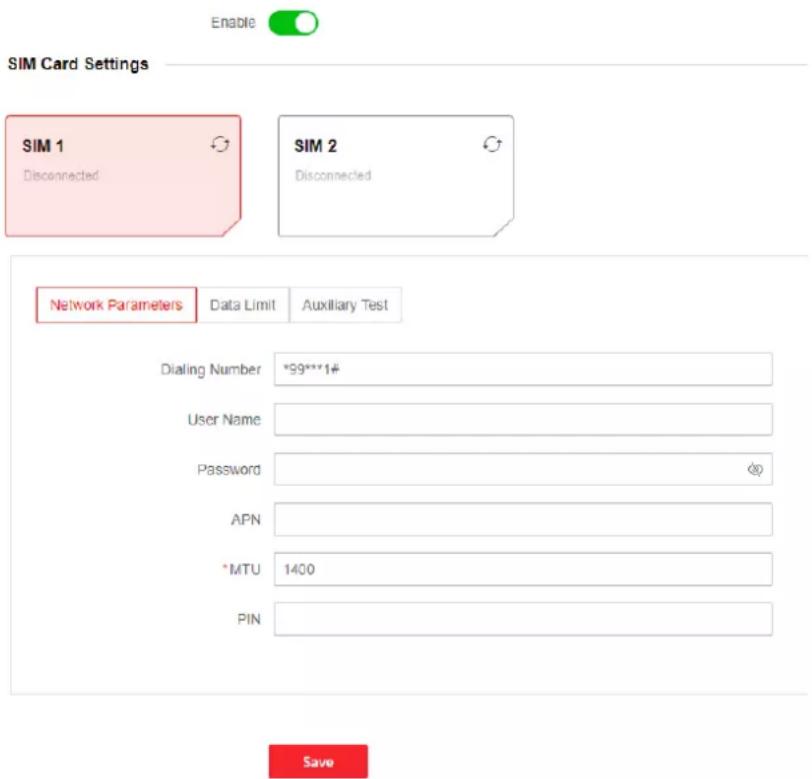 Enable SIM Card Settings SIM 1 Disconnected SIM 2 Disconnected Network Parameters Data Limit Auxiliary Test Dialing Number *99***1# User Name Password APN *MTU 1400 PIN Save
