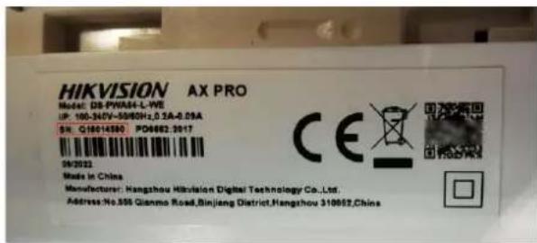 HIKVISION AX PRO Model: DB-PWA64-L-WE IP: 100-340V-50/60Hz,0.3A-0.09A SN: G18014580 PD6682.2017 09/2022 Made in China Manufacturer: Hangzhou HiKVISION Digital Technology Co.,Ltd. Address: No.355 Qianmo Road,Binjiang District,Hangzhou 310662,China