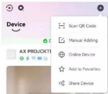 Device Scan QR Code Manual Adding Online Device Add to Favorites Share Device