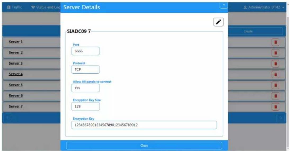 SIADC09 7 Port 6666 Protocol TCP Allow All panels to connect Yes Encryption Key Size 128 Encryption Key 12345678901234567890123456789012 Close Administrator D142 -