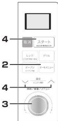 4 取消 スタート レンジ パリル オートメニュー 2 温度 温度/重量/メニュー 3 4