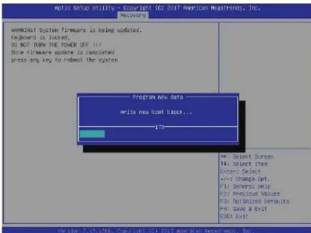 Auto Setup Utility - Copyright (C) 2017 American Newsrends, Inc. Recovery WARNING System firmware is being updated. Keyboard is locked. DO NOT TURN THE POWER OFF IT Price firmware update is completed press any key to reboot the system Program new data Write new boot block... 17% +: Select Screen 14: Select Stem Enter: Select +/-: Change Opt. F1: General Help F2: Previous Values F3: Default Defaults F4: Save & Exit EUC: Exit Version 2.15.1266. Copyright 124 2017 American Newsrends, Inc.