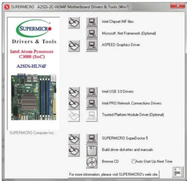 SUPERMICRO A2SDi-2C-HLN4F Motherboard Drivers & Tools (Win7) SupersMCRO Drivers & Tools Intel Atom Processor C3000 (SoC) A2SDi-HLN4F Intel Chipset INF files Microsoft .Net Framework (Optional) ASPEED Graphics Driver Intel USB 3.0 Drivers Intel PRO Network Connections Drivers Trusted Platform Module Driver (Optional) SUPERMICRO Computer Inc. SUPERSMICRO SuperDoctor 5 Build driver diskettes and manuals Browse CD Auto Start Up Next Time For more information, please visit SUPERMICRO's web site.