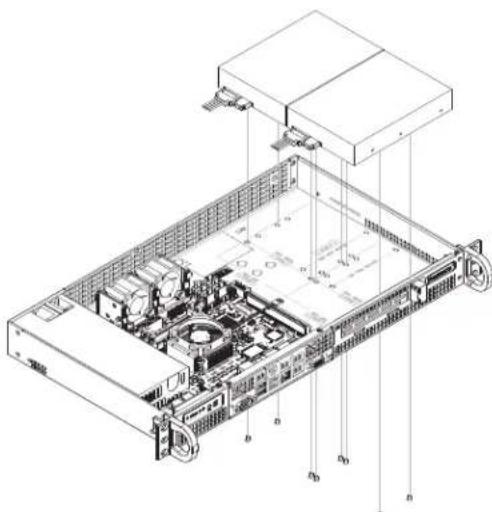 Technical diagram of a server rack with labeled components and internal layout
