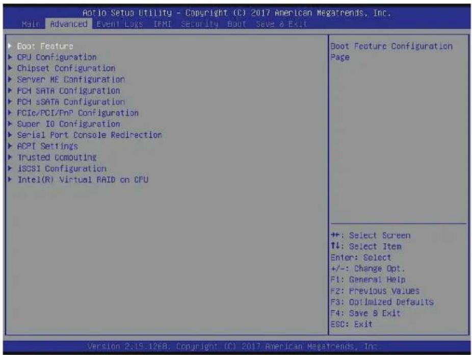 Aio Setup Utility - Copyright (C) 2017 American Megatrends, Inc. Main Advanced Event Logs IPMI Security Boot Save & Exit ▶ Boot Feature ▶ CPU Configuration ▶ Chipset Configuration ▶ Server ME Configuration ▶ FCH SATA Configuration ▶ FCH sSATA Configuration ▶ PCIe/PCI/FnP Configuration ▶ Super IO Configuration ▶ Serial Port Console Redirection ▶ ACPI Settings ▶ Trusted Computing ▶ iSCSI Configuration ▶ Intel(R) Virtual RAID on CFU Boot Feature Configuration Page ++: Select Screen ↑↓: Select Item Enter: Select +/-: Change Opt. F1: General Help F2: Previous Values F3: Optimized Defaults F4: Save & Exit ESC: Exit Version 2.19-1268; Copyright (C) 2017 American Megatrends, Inc.