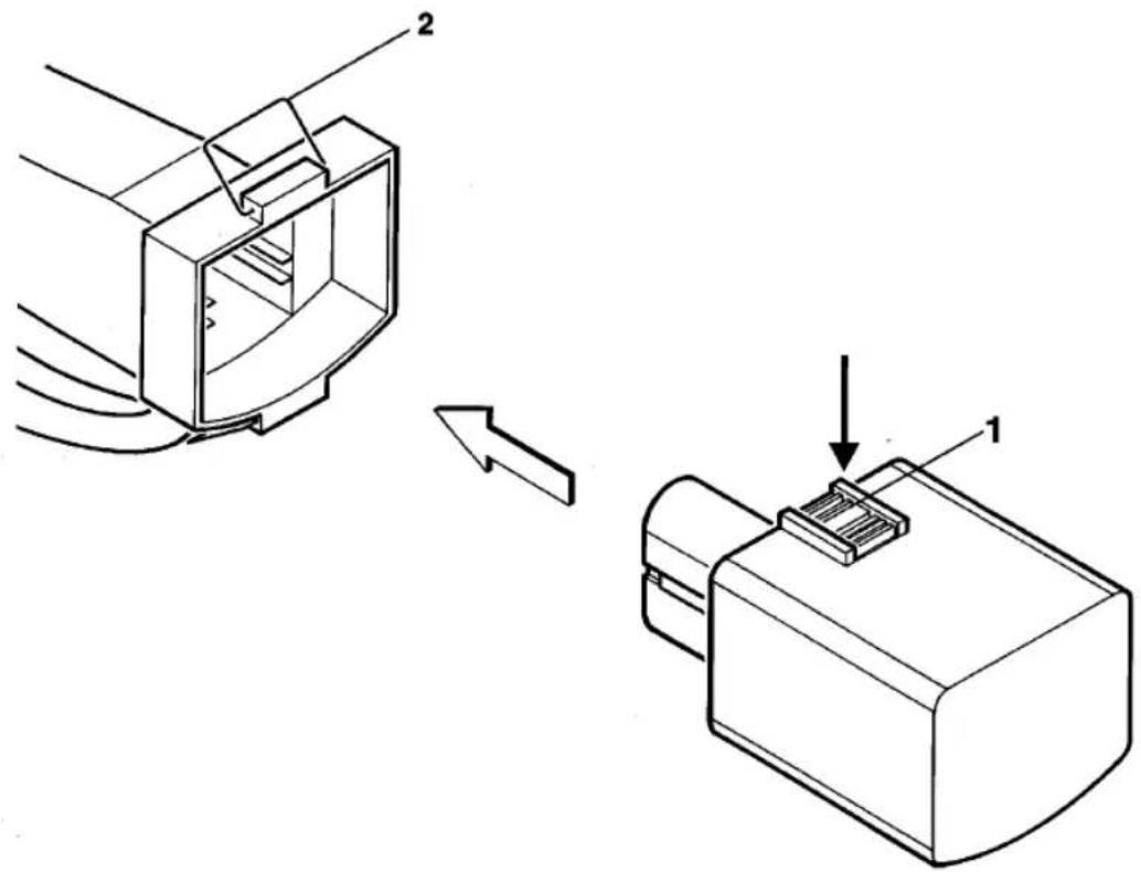 Diagram showing the assembly of a connector into a device, with labeled parts 1 and 2.