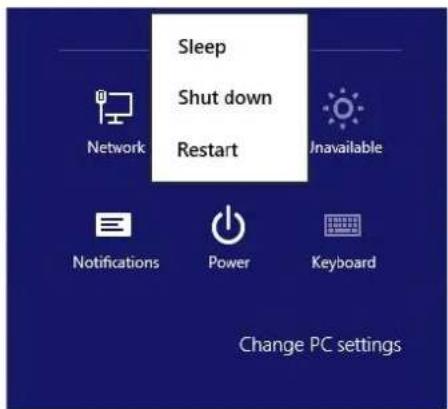 Sleep Shut down Restart Network Unavailable Notifications Power Keyboard Change PC settings