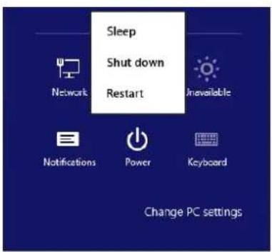 Sleep Shut down Restart Network Unavailable Notifications Power Keyboard Change PC settings