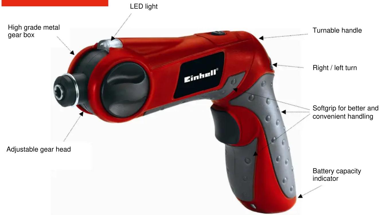 LED light High grade metal gear box Turnable handle Right / left turn Softgrip for better and convenient handling Adjustable gear head Battery capacity indicator