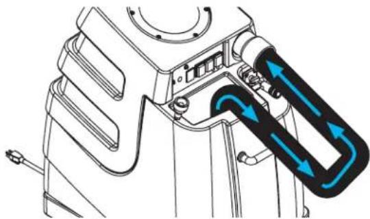 Technical line drawing of a mechanical device with blue airflow arrows indicating fluid or movement (no text or symbols)