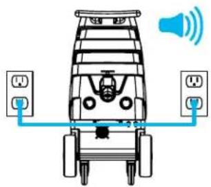 Diagram of a car with two connected charging stations and a speaker emitting sound waves (no text or symbols)