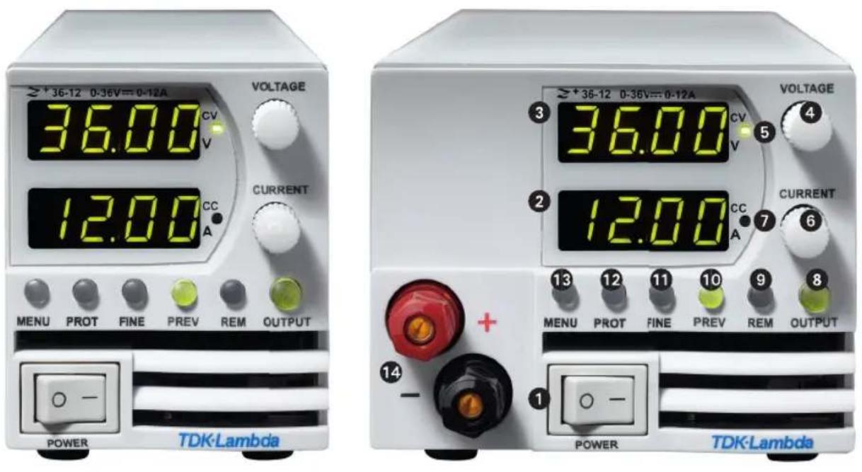 VOLTAGE 36.00 CV V 12.00 CC A MENU PROT FINE PREV REM OUTPUT POWER TDK-Lambda VOLTAGE 36.00 CV V 12.00 CC A MENU PROT FINE PREV REM OUTPUT POWER TDK-Lambda