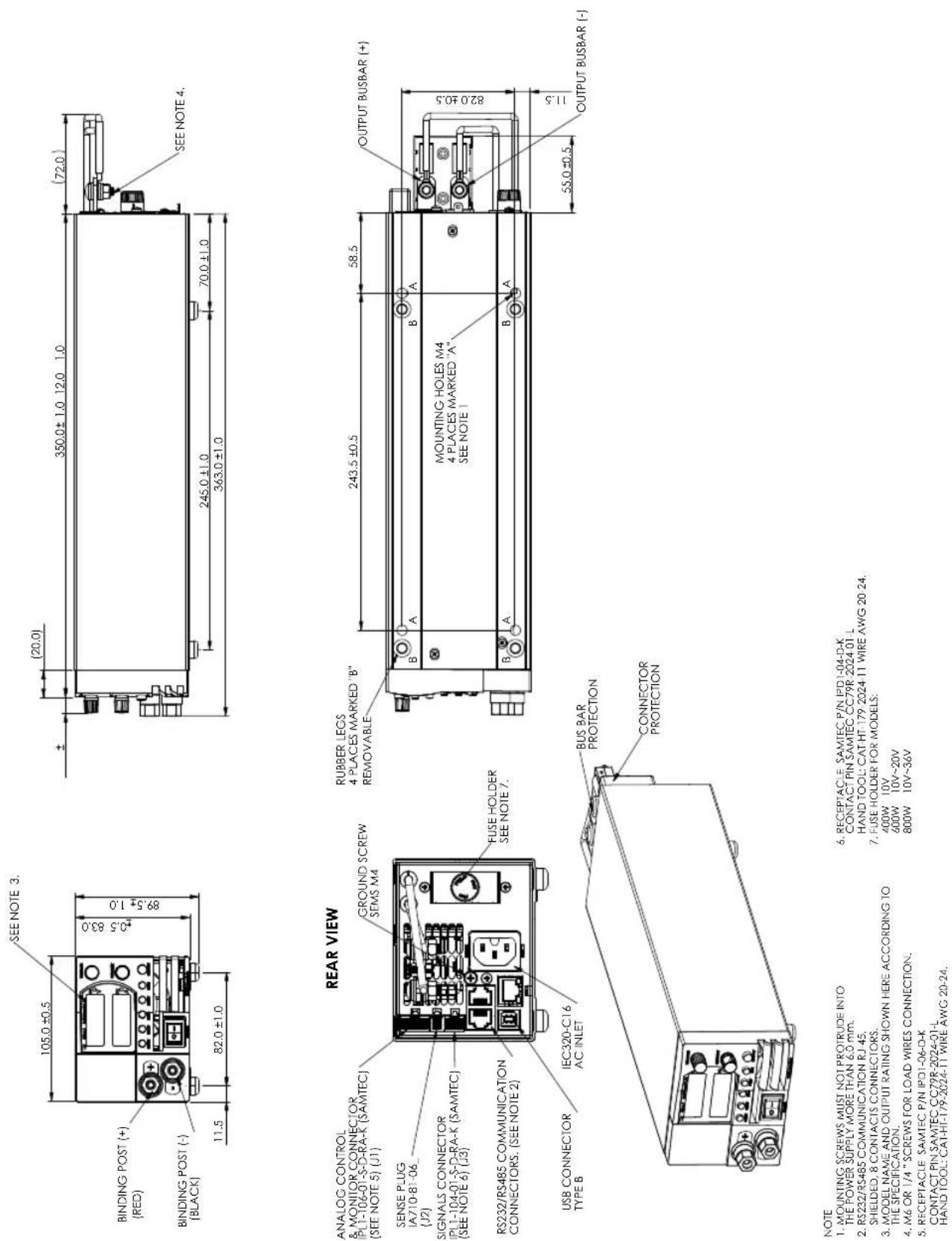 TDK-Lambda Z60-10 - Z200W/400W/600W/800W Front Panel Output Binding Post Outline Drawing - 1