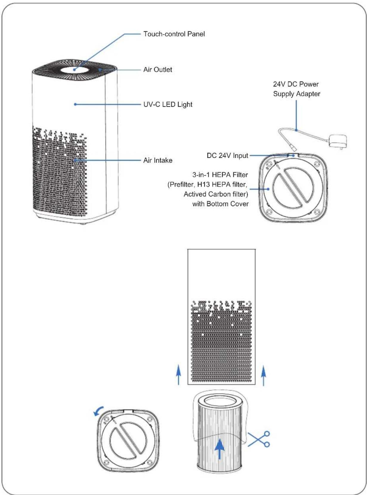Touch-control Panel Air Outlet UV-C LED Light Air Intake DC 24V Input 3-in-1 HEPA Filter (Prefilter, H13 HEPA filter, Activated Carbon filter) with Bottom Cover 24V DC Power Supply Adapter