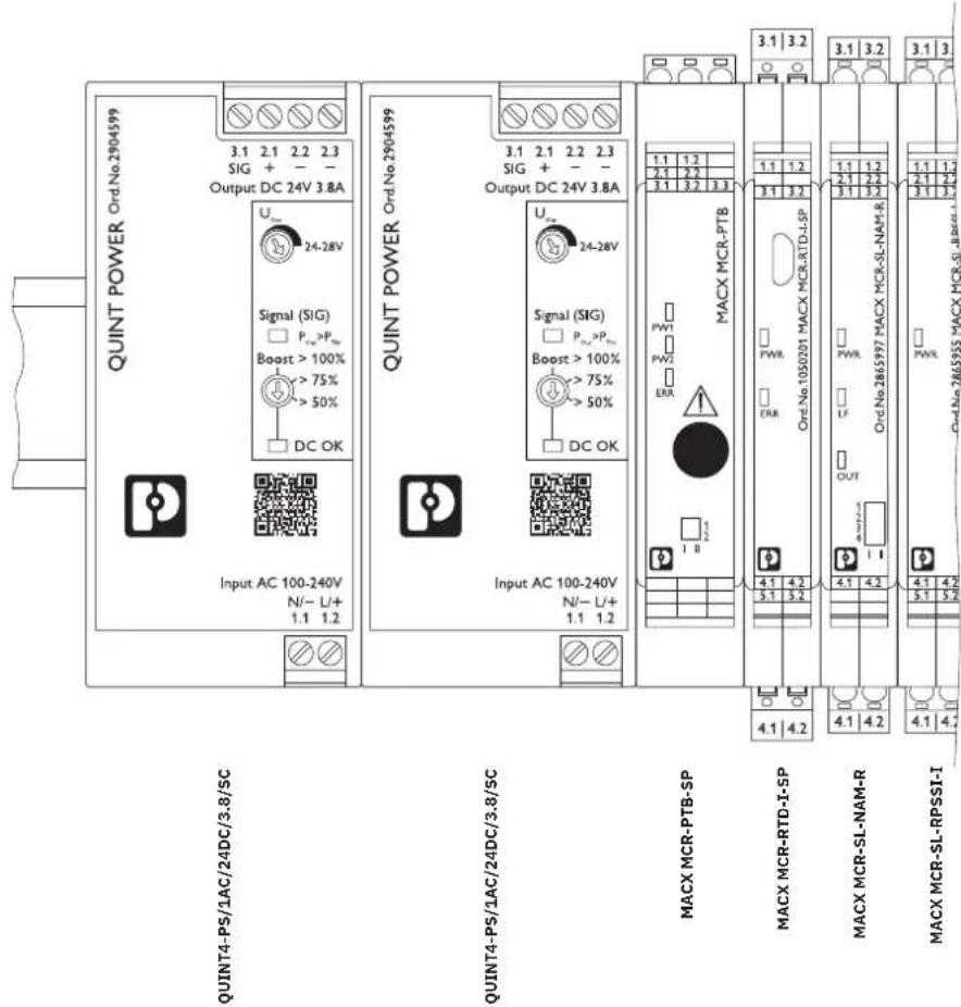 QUINT POWER, Ord.No.2904599 3.1 2.1 2.2 2.3 SIG + - - Output DC 24V 3.8A U 24-28V Signal (SIG) Pn>Pn Boost > 100% > 75% > 50% DC OK Input AC 100-240V N/- U+ 1.1 1.2 QUINT POWER, Ord.No.2904599 3.1 2.1 2.2 2.3 SIG + - - Output DC 24V 3.8A U 24-28V Signal (SIG) Pn>Pn Boost > 100% > 75% > 50% DC OK Input AC 100-240V N/-U+ 1.1 1.2 MACX MCR-PTB PWY PWY ERRA 4.1 4.2 3.1 3.2 3.1 3.2 3.1 3.2 3.1 3.2 3.1 3.2 3.1 3.2 3.1 3.2 3.1 3.2 3.1 3.2 3.1 3.2 3.1 3.2 3.1 3.2 3.1 3.2 QUINT4-PS/AC/24DC/3.8/SC QUINT4-PS/AC/24DC/3.8/SC MACX MCR-PTB-SP MACX MCR-RTD-I-SP MACX MCR-SL-NAM-R MACX MCR-SL-RPSI-I