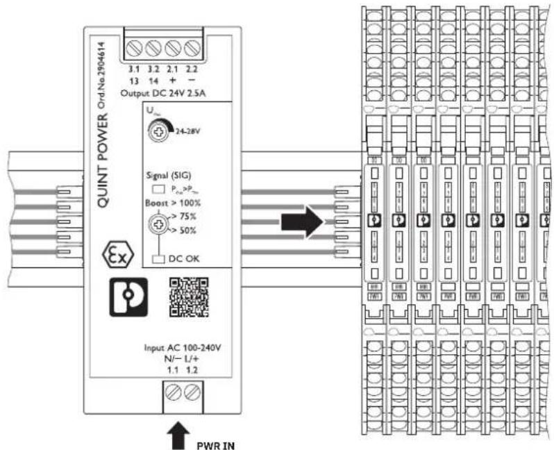 QUINT POWER Ord.No.2904614 3.1 3.2 2.1 2.2 13 14 + - Output DC 24V 2.5A U 24-28V Signal (SIG) P Boost > 100% 75% 50% DC OK Input AC 100-240V N/- L/+ 1.1 1.2 PWR IN
