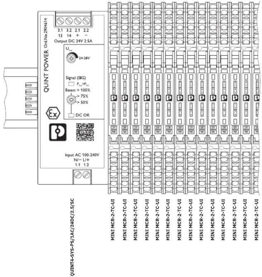 QUINT POWER Ord.No.2904614 3.1 3.2 2.1 2.2 13 14 + - Output DC 24V 2.5A U 24-28V Signal (SIG) Pn>Pn Boost > 100% 75% 50% DC OK Input AC 100-240V N/- U/+ 1.1 1.2 QUINT4-SYS-PS/1AC/24DC/2.5/SC MINI MCR-2-TC-UI MINI MCR-2-TC-UI MINI MCR-2-TC-UI MINI MCR-2-TC-UI MINI MCR-2-TC-UI MINI MCR-2-TC-UI MINI MCR-2-TC-UI MINI MCR-2-TC-UI MINI MCR-2-TC-UI MINI MCR-2-TC-UI