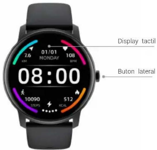 Display tactil 7.6 01/01 MONDAY 108 EUR 08:00 10090 512 STEPS KCAL Buton lateral