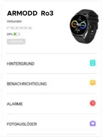 ARMODD Ro3 Verbunden F7:9E:3C:59:3F:36 31% LUSCHEN HINTERGRUND BENACHRICHTIGUNG ALARME FOTOAUSLÖSER
