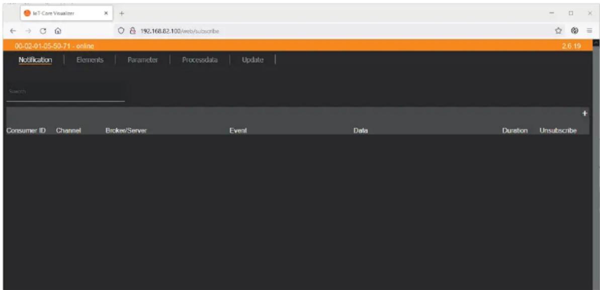 IoT-Core Visualizer 192.168.82.100/web/subscribe 00-02-01-05-50-71 - online Notification | Elements | Parameter | Processdata | Update | Search Consumer ID Channel Broker/Server Event Data Duration Unsubscribe