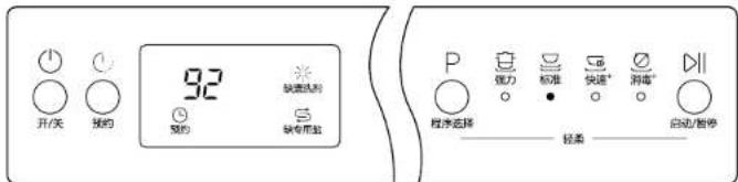 升/关 预约 92 缺氧试剂 缺专用柜 P 程序选择 强力 标准 快速* 消毒* 自动/暂停 轻柔