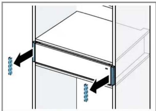 Diagram of a cabinet or shelf assembly with two vertical connectors and directional arrows indicating movement (no text or symbols present).