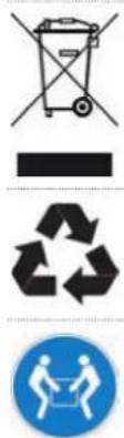 Image displaying four compliance and recycling symbols: a trash can with cross, a blank rectangle, a recycling symbol, and a blue circular sign with hands holding a person.