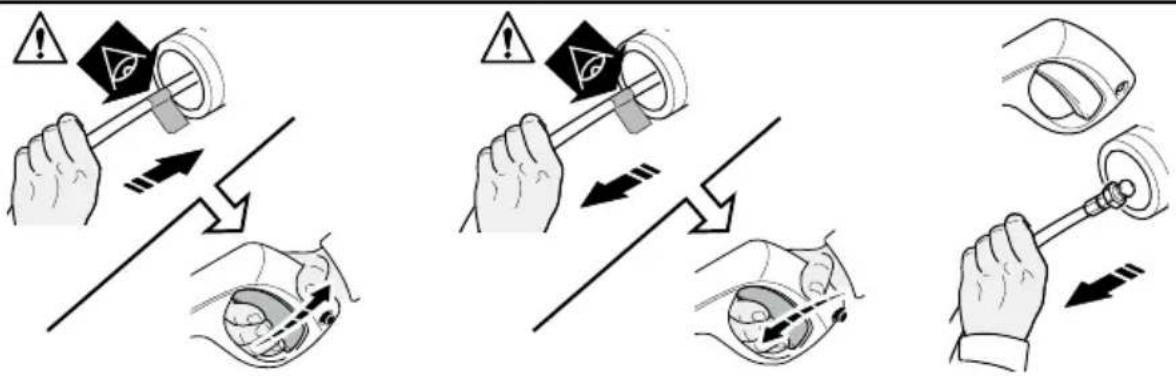 Illustration showing three-step instructions for using a device to adjust eye position, with warning symbols and arrows indicating action.