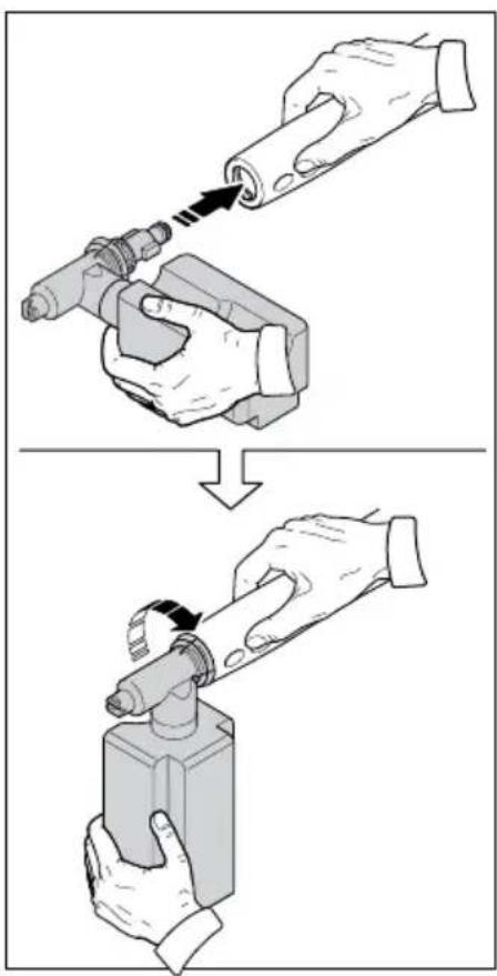 Diagram illustrating a mechanical assembly process with hands and tool, showing step-by-step assembly steps.