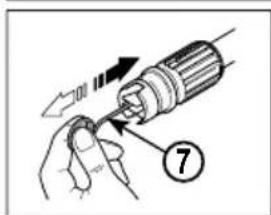 Diagram showing a hand holding a screwdriver with directional arrows and a numbered label (7) pointing to the component.