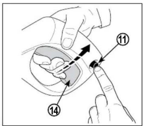 Medical diagram showing finger placement on a patient's ear with numbered annotations (11, 14) indicating anatomical or pathological features.