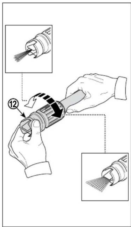 Technical diagram showing hands assembling a cable with labeled components and steps ⑫