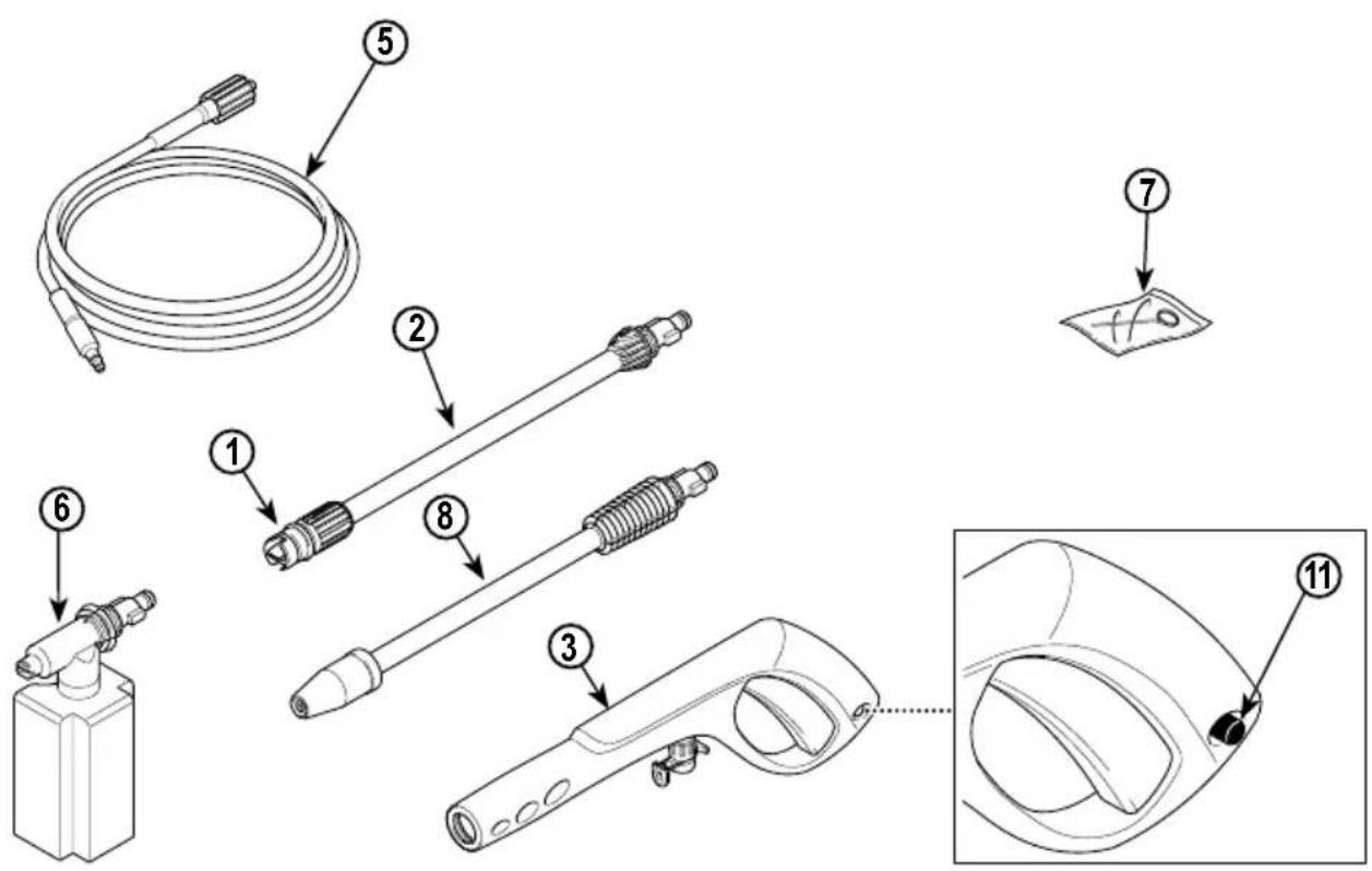 Technical diagram showing exploded view of a spray gun with labeled parts including hose, hose fittings, and spray gun components.