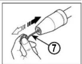 Diagram showing a hand holding a tool with an arrow indicating direction and labeled step 7