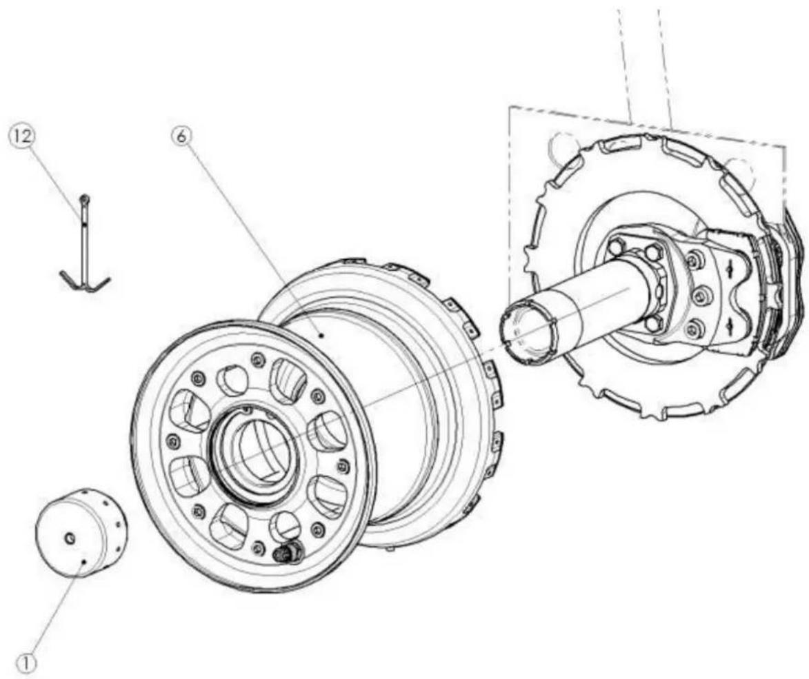 Technical diagram of a mechanical assembly with numbered components and exploded view