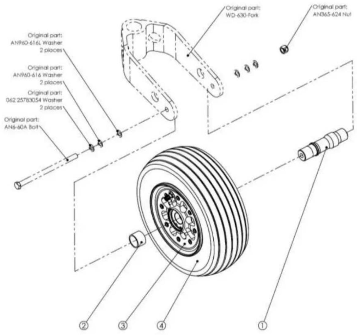 Original part: AN960-616L Washer 2 places Original part: AN960-616 Washer 2 places Original part: 062 25783054 Washer 2 places Original part: AN6-60A Bolt Original part: WD-630-Fork Original part: AN365-624 Nut ① ② ③ ④