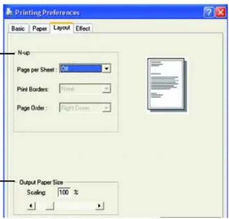 Printing Preferences Basic Paper Layout Effect N-up Page per Sheet: OR Print Borders: None Page Order: Right Down Output Paper Size Scaling: 100 %