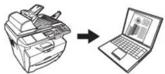 Diagram showing a printer transforming into a laptop with an icon of a person, likely illustrating a process or data transfer concept.